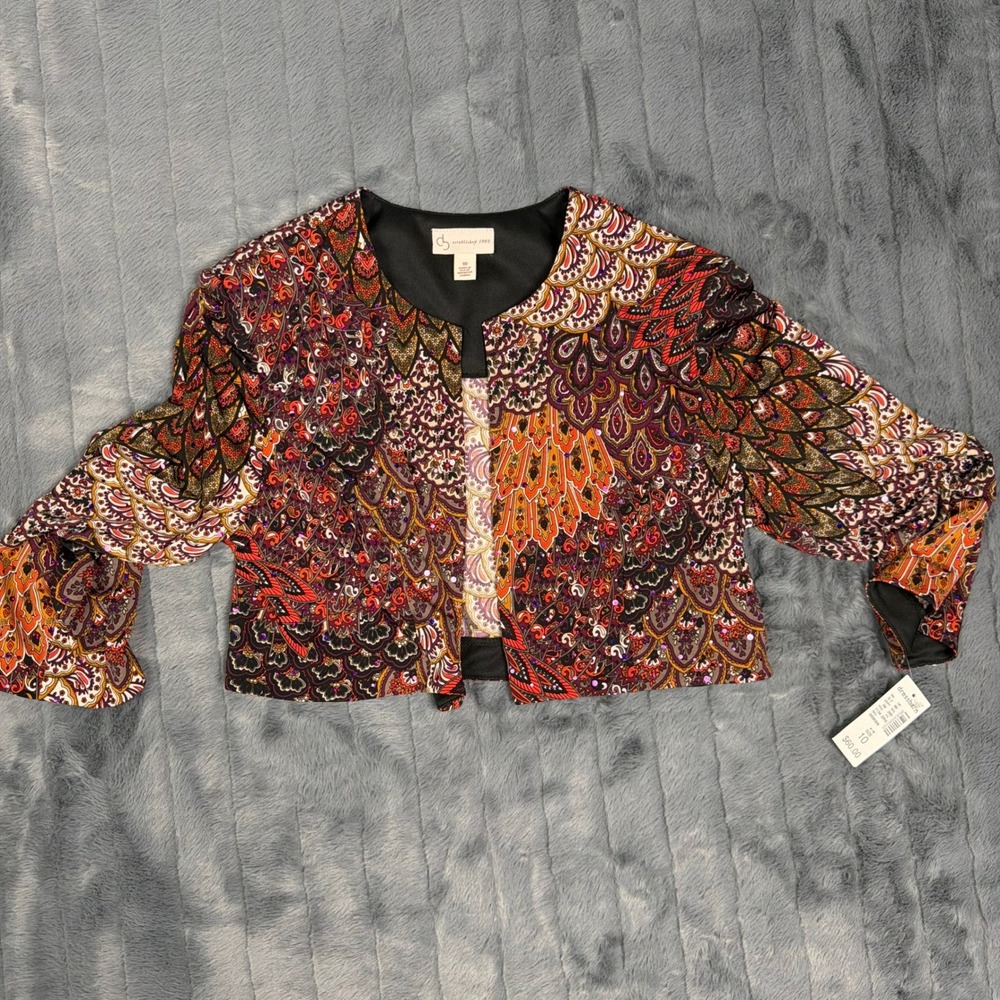 Dressbarn Womens Multi Color Paisley Sequin Open Front Cropped Jacket Size 10